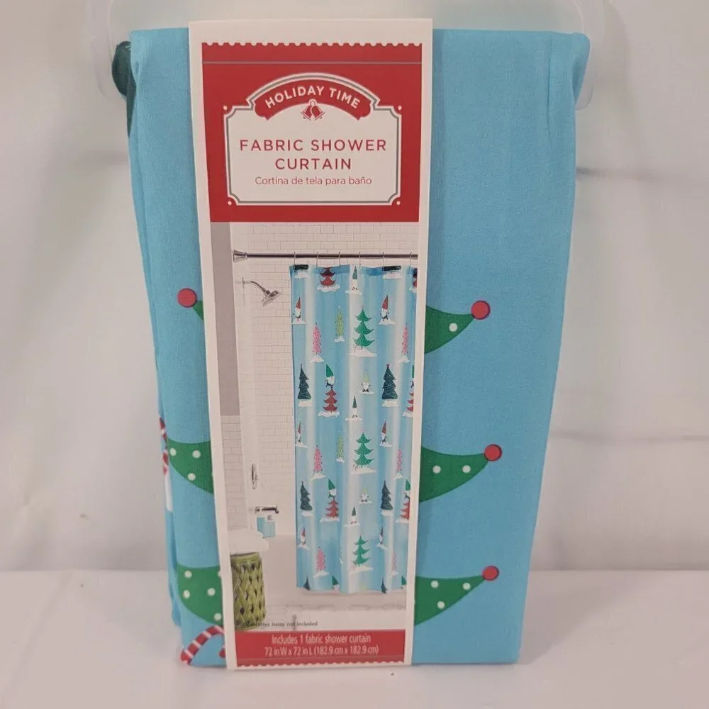 Holiday Time CHRISTMAS TREES AND GNOMES Fabric Shower Curtain – 72” x 72”